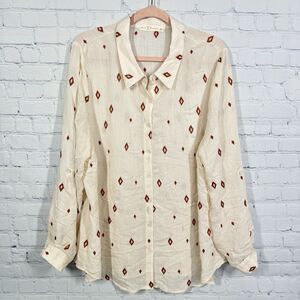 Fair Haven Tunic Women Plus 2XL Gauze Semi Sheer Roll Tab Sleeve Aztec Blouse